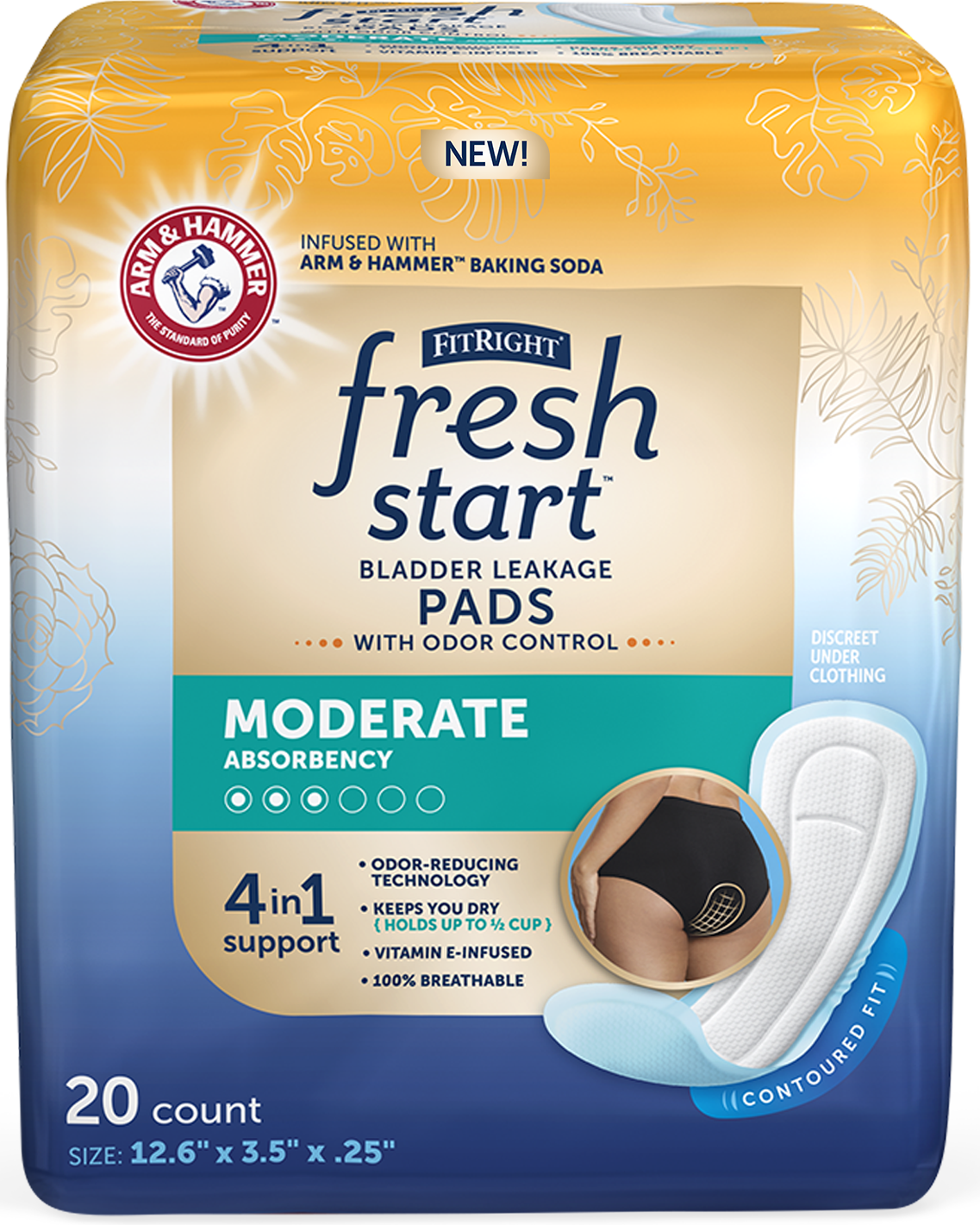 Packaging for moderate absorbency pads. Features an image of the pads and a description of the product and its features.