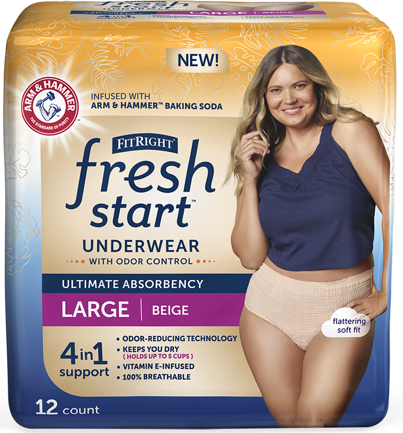 Packaging for large beige underwear. Features a model in the underwear and information about the product and its features.